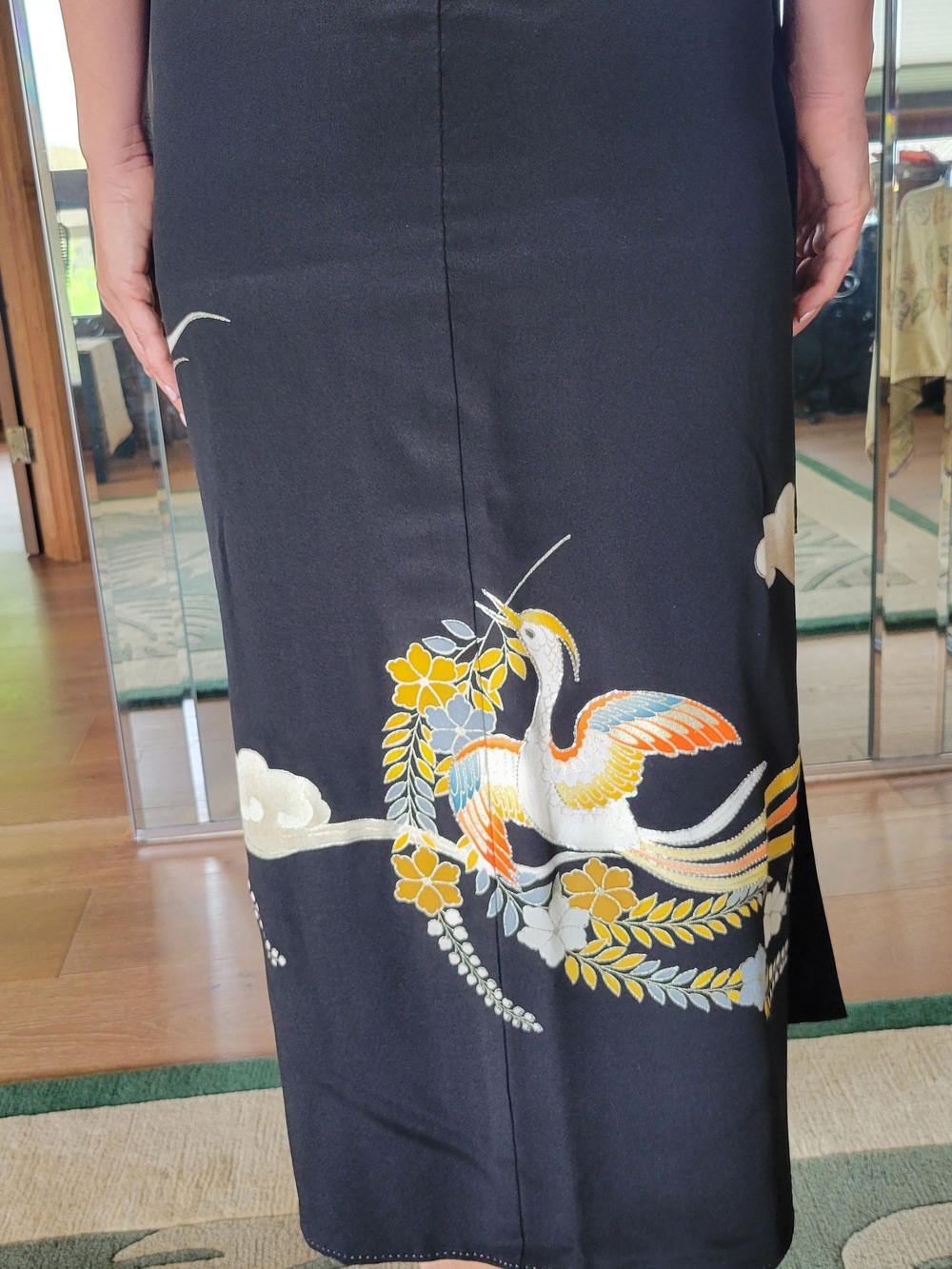 Hand Crafted Black Swim Sarong with Gold, Orange & Cream Crane Motif - Picture 4 of 7